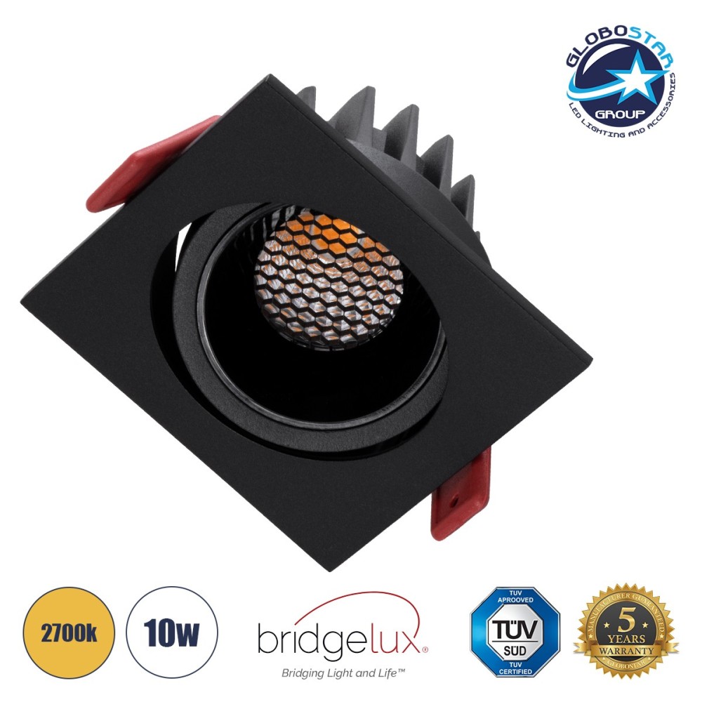 GLOBOSTAR® LEO-SQ 60293 Χωνευτό Κινούμενο Downlight Σποτ με Honeycomb Anti Glare Reflector LED 10W 1250lm 38° AC 220-240V IP20 Θερμό Λευκό 2700K - Bridgelux COB Chip & TÜV SÜD Driver - Μαύρο Ματ - Μ8.5 x Π8.5 x Υ6.6cm - Q7.5 x 7.5cm - 5 Χρόνια Εγγύηση
